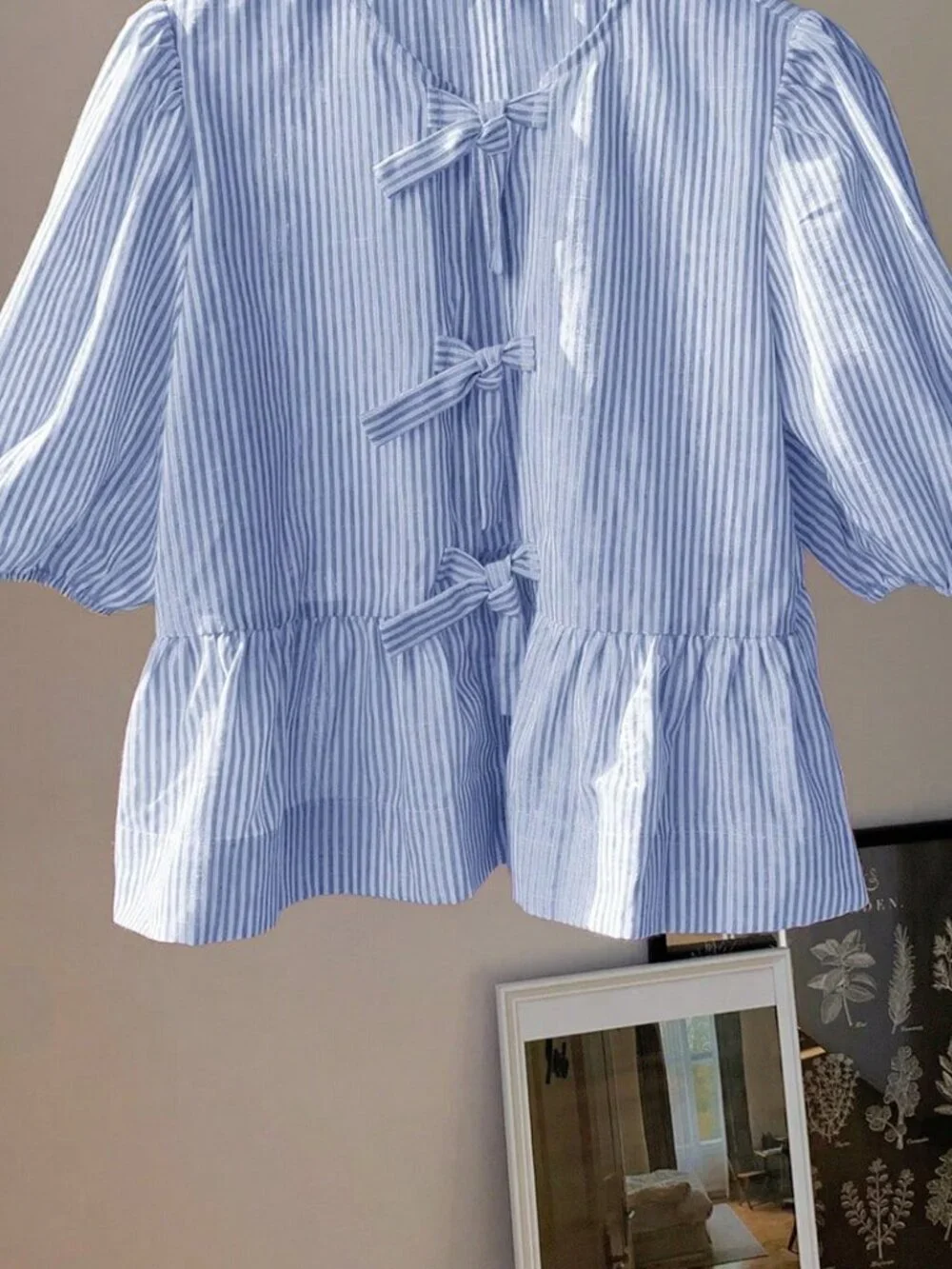 Women's Short Puff Sleeve Striped tie front blouse - Picture 2 of 7